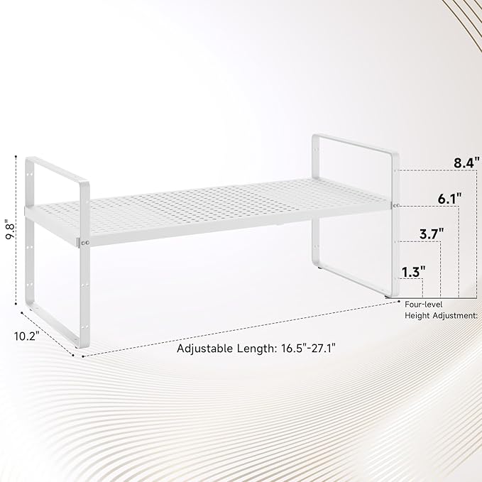 Hole Pattern Expandable Shelf Organizer,2Pack 10.2" Wide Easy to Assemble Cabinet Organizer Shelf, 16.5~27.1" Adjustable Height&Stackable Spice Organization for Cupboard, White