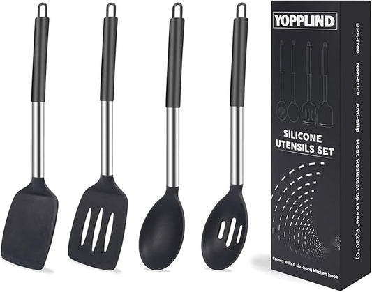 Silicone Kitchen Cooking Utensils Set 5-Piece BPA-Free Heat-Resistant Non-Stick & Dishwasher-Safe, with Slotted/Solid Spoons & Spatulas for Frying,Draining – Includes Multi-Purpose Serving Hook(Black)