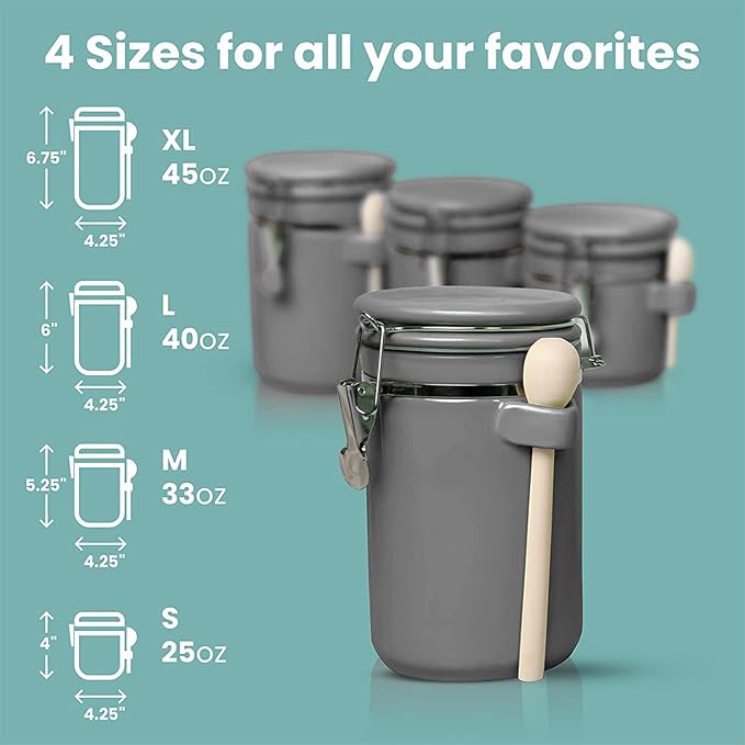 Home Intuition 4-Piece Ceramic Kitchen Canisters Set, Airtight Containers with Wooden Spoons Reusable Chalk Labels and Marker for Sugar, Coffee, Flour, Tea (Grey)