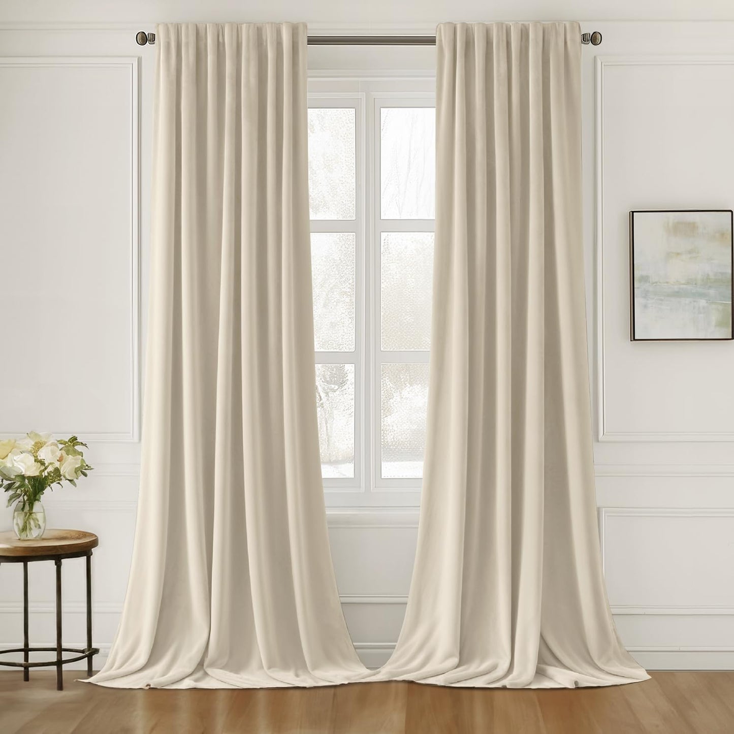 MIULEE Cream Beige Velvet Curtains 90 inches Long 2 Panels - Luxury Pinch Pleated Room Darkening Window Drapes for Bedroom Living Room Thermal Insulated Super Soft, Back Tab Rod Pocket Elegant Decor
