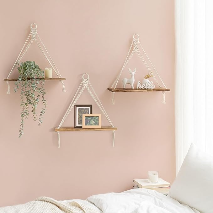 Mkono Macrame Hanging Shelves Boho Wall Decor Set of 3 Rustic Wood Floating Storage Shelf for Bedroom Bathroom Living Room Nursery Dorm Room, Display Shelving for Hanging Plants Photos