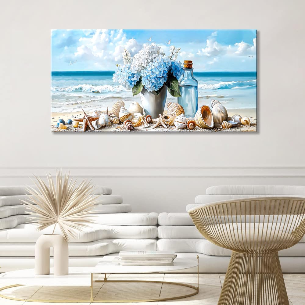 LASMOND Romantic Beach Wall Art for Living Room Blue Shells Conch Vase Canvas Prints Modern Large Flower Bottle Bedroom Ocean Artwork Decor (40x20 Inches)
