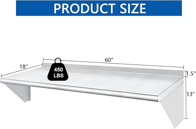 HARDURA Stainless Steel Shelf 18" x 60", 450lb Commercial Shelves Wall Mount Metal Shelving with Backsplash and Brackets for Kitchen, Restaurant, Laundry Room and Home