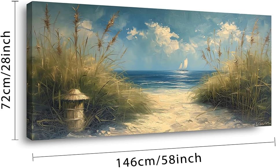 LASMOND Beautiful White Sandy Beach by Seaside Landscape Wall Art Decor Artwork for Bedroom Living Room (58x28Inches)