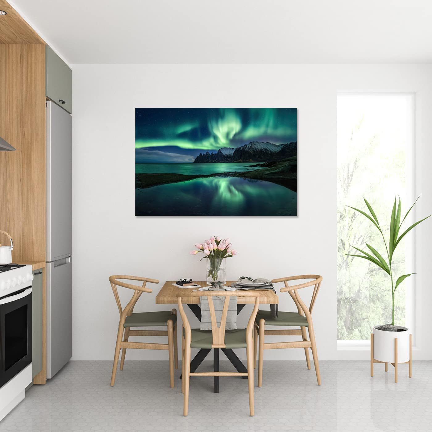 Aurora Borealis Wall Art Painting for Office Bedroom Scenery Landscape Canvas Print Framed Picture Northern Lights Poster Artwork Ready to Hang(16.00"x24.00")