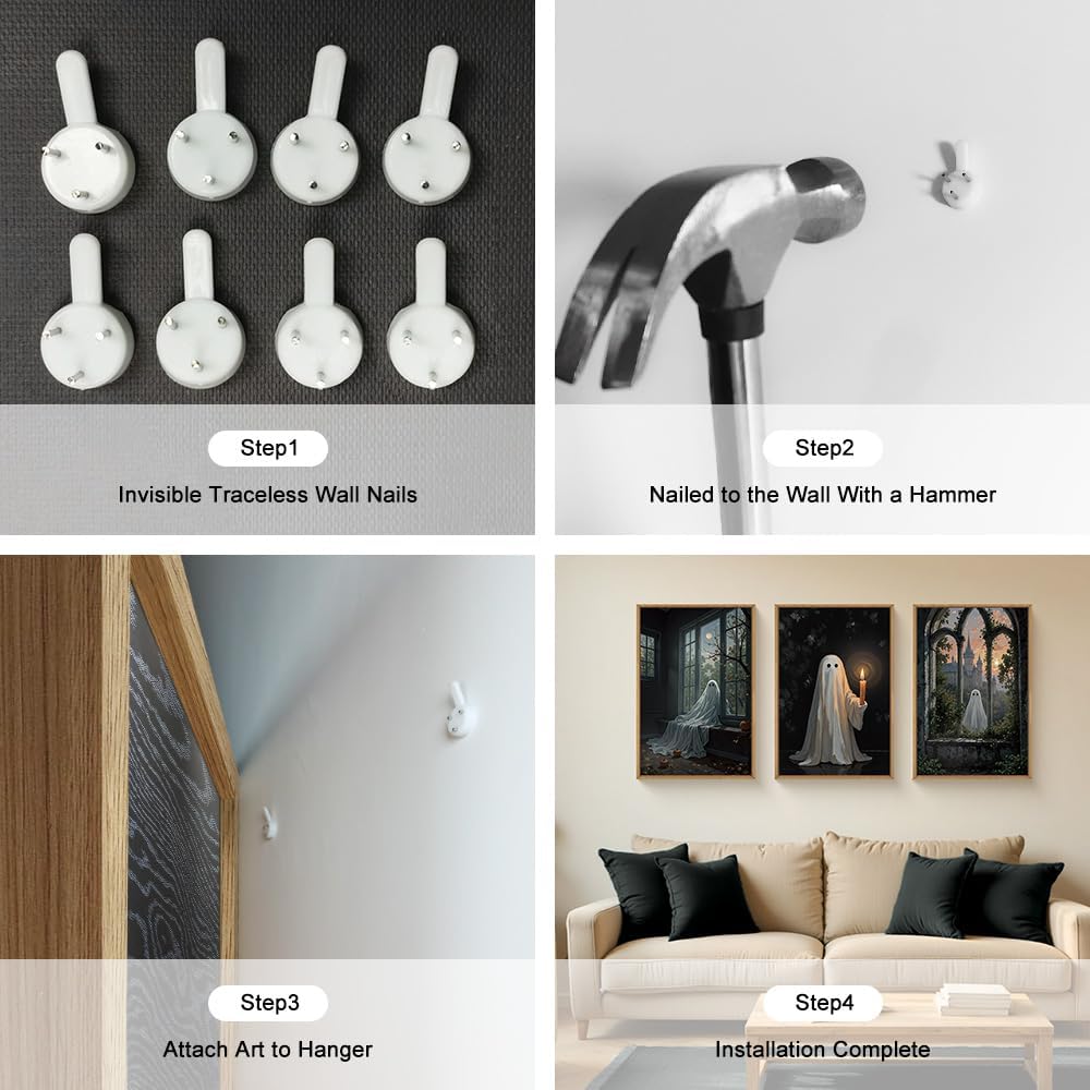 LHIUEM Large Halloween Cute Ghost Framed Canvas Wall Art Set,Vintage Spooky Wall Decor,Retro Dark Prints,Midnight Candle Poster Artwork for Living Room,Bathroom,Dining Room -16"x24"x3