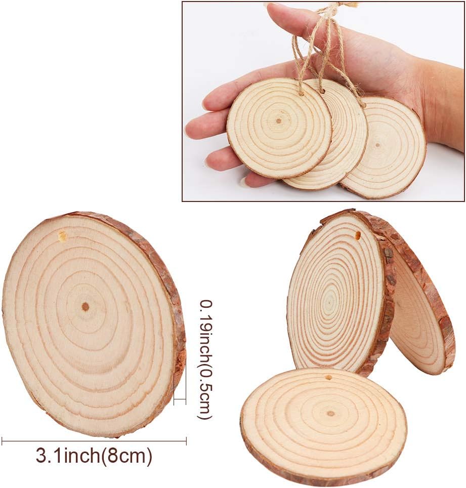 AerWo Natural Wood Slices Christmas Ornaments, 50 Pcs 2.7-3.1 Inches Small Wood Slices with Holes, Round Plain Wooden Circle Ornaments Blanks for DIY Crafts Unfinished Xmas Wooden Ornament