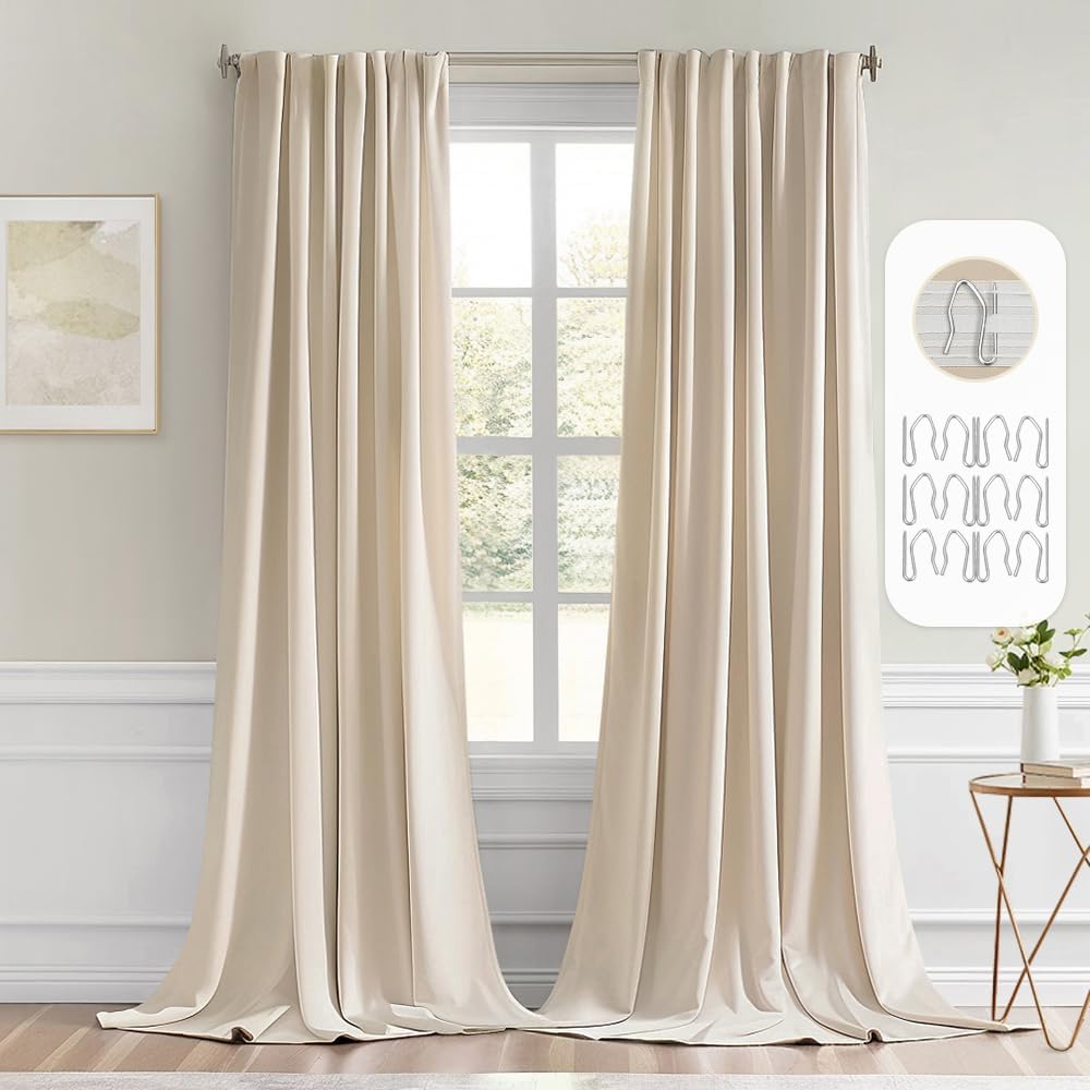MIULEE Cream Beige Back Tab Light Blocking Curtains 104 Inch Length 2 Panels Set for Living Room Bedroom Privacy, Rod Pocket/Pinch Pleat Thermal Insulated Room Darkening Pleated Blackout Drapes
