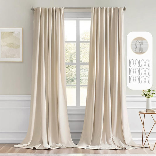MIULEE Cream Beige Back Tab Light Blocking Curtains 104 Inch Length 2 Panels Set for Living Room Bedroom Privacy, Rod Pocket/Pinch Pleat Thermal Insulated Room Darkening Pleated Blackout Drapes