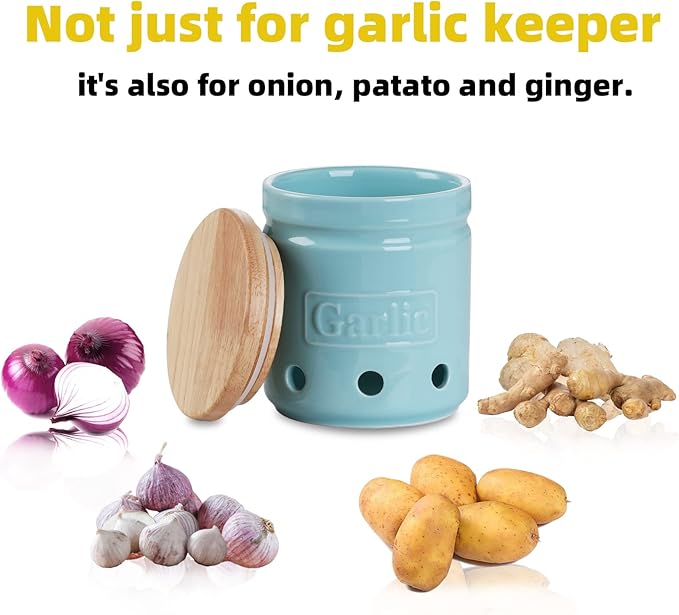 Large Garlic Keeper with Wooden Lid, Ceramic Garlic Holder Storage, Garlic Container for Kitchen, Garlic Saver to Keep Your Garlic Cloves Fresh Longer 4.5-Inch, Turquoise