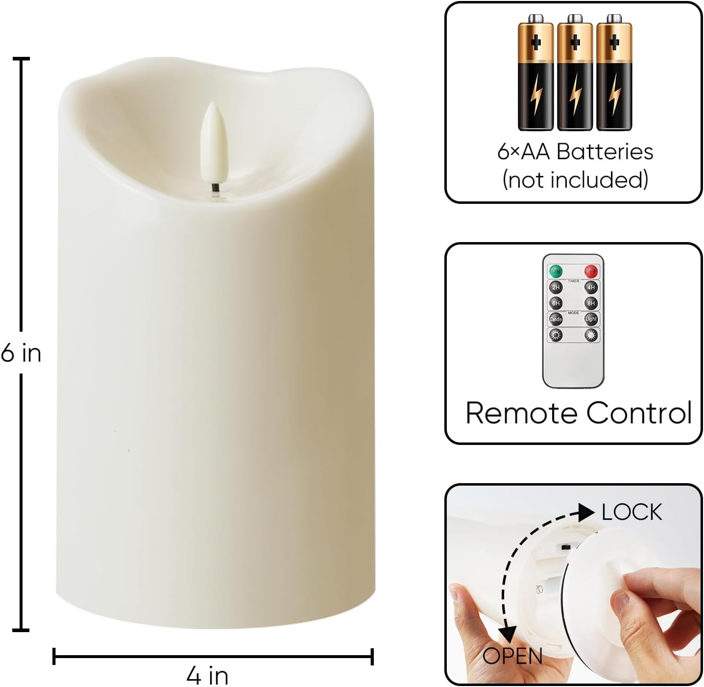 Homemory 4"x6" Outdoor Waterproof Flameless Candles with Timers and Remote Control, Battery Operated Candles, LED Plastic Candles, Ivory White, Set of 2