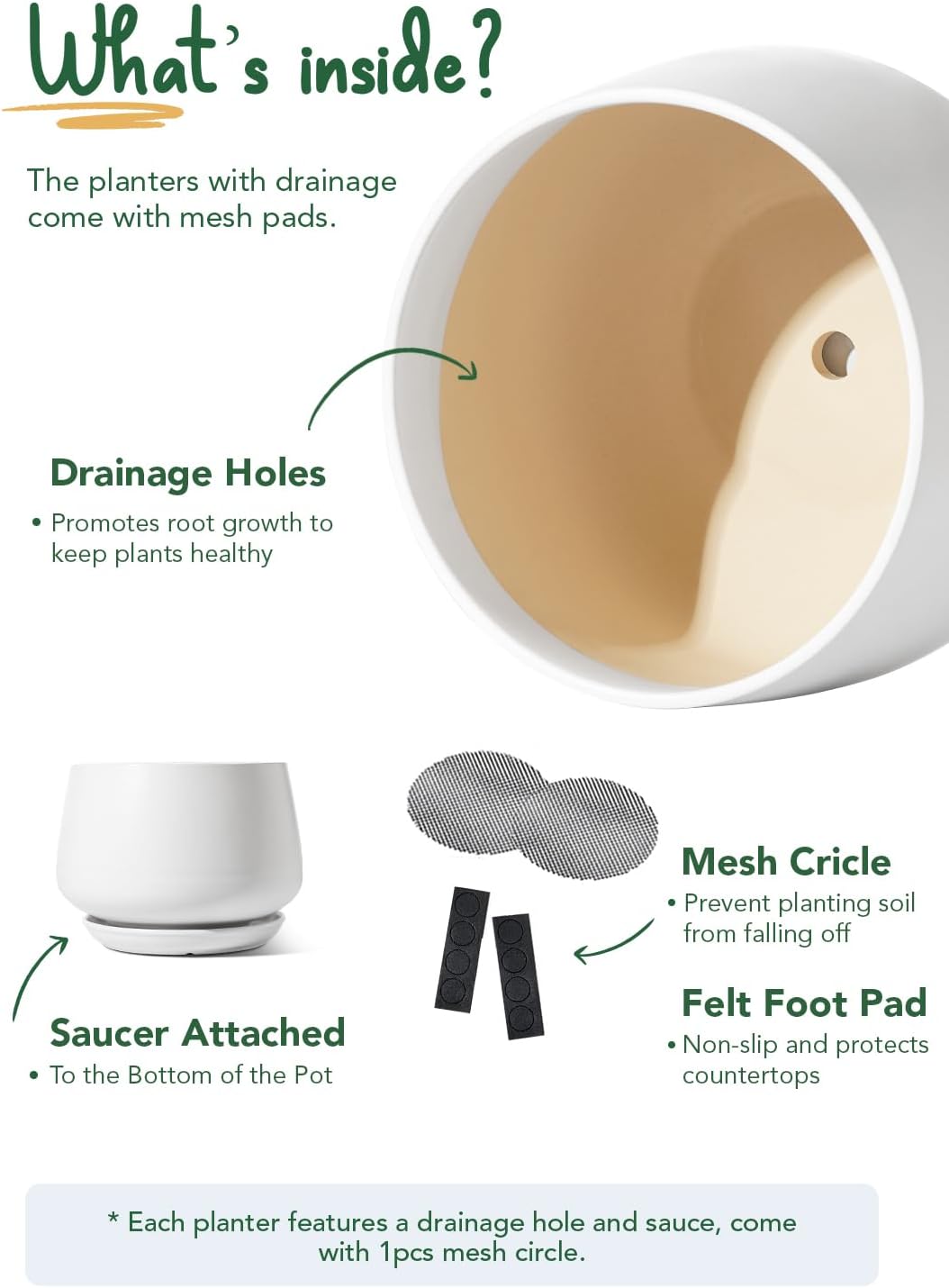 LE TAUCI Ceramic Plant Pots, Set of 2, 10 + 12 Inch Plant Pot, Elegant Planters for Indoor Plants, Sturdy Planter with Drainage Hole and Saucers, Perfect for Home Decor, White