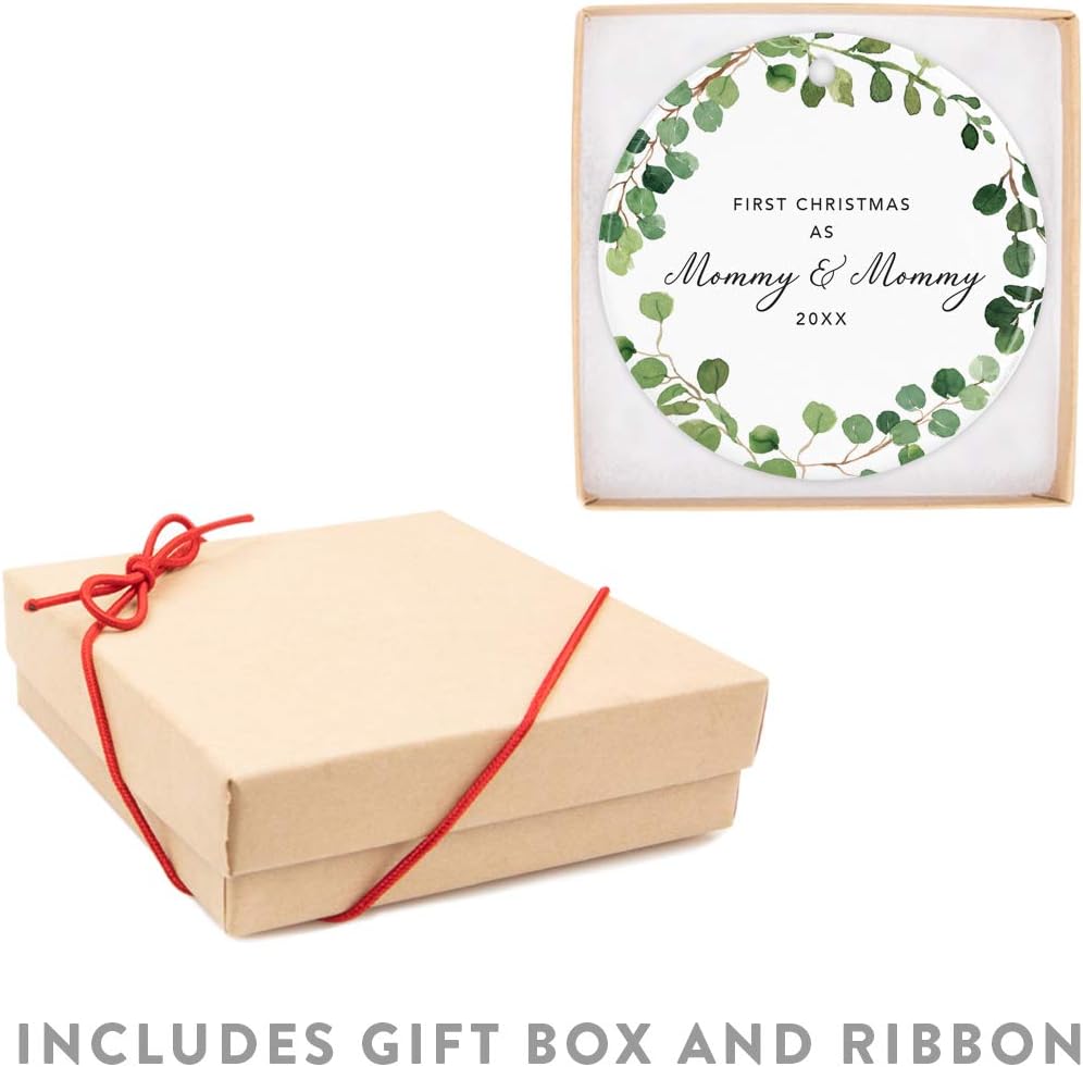 Andaz Press Custom Year Round Ceramic Porcelain Christmas Tree Ornament Keepsake Collectible Gift, First Christmas as Mommy & Mommy 2025, Farmhouse Eucalyptus Wreath, 1-PackLesbian Couple