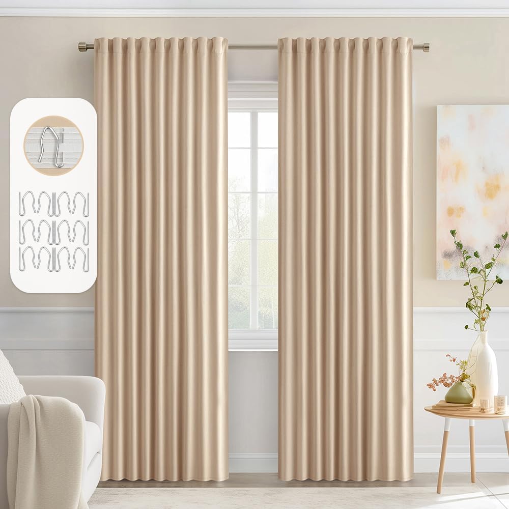 MIULEE Back Tab Beige Curtains 84 Inch Length 2 Panels Set for Living Room Bedroom, Cream Rod Pocket/Pinch Pleated Light Blocking Thermal Insulated Room Darkening Blackout Curtains 84 Inches Long
