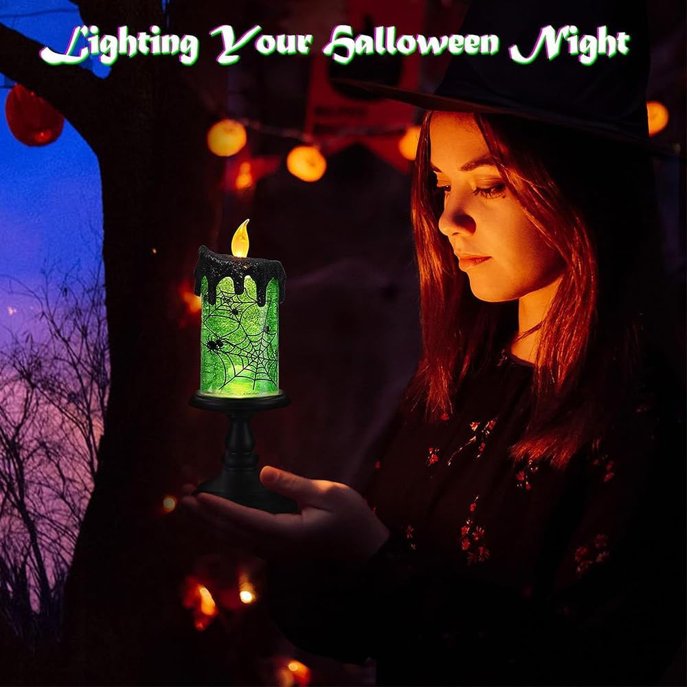 1.Halloween Snow Globe Tornado Flameless Candles Table Centerpiece for Celebration Party,Battery Operated LED Candle with 6 Hours Timer for Home Indoor Halloween Decoration (Spider)