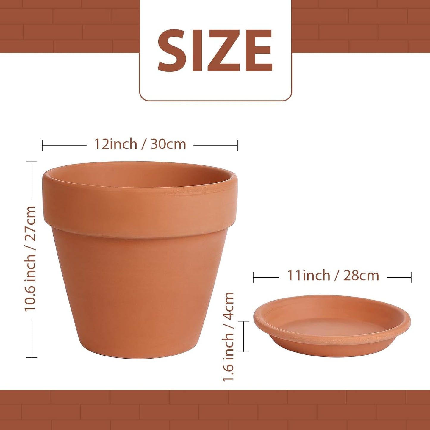 INGOFIN 12 Inch Terracotta Pot with Saucer - Ceramic Clay Pot for Plants with Drainage Hole, Large Terra Cotta Flower Planter with Tray for Indoor Outdoor Plants