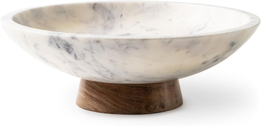 Cork & Mill Marble Decorative Bowl for Home Decor - Handcrafted Natural Stone with Acacia Wood Pedestal - Versatile 11" Catch All for Entryway, Kitchen Fruit Bowl, Potpourri, Dining Table Centerpiece