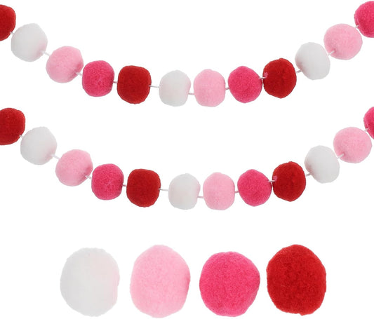 PATIKIL 13Ft Pom Pom Garland Decorations, 2Pcs Colorful Felt Ball Garland Banner Cute Rainbow Pompom Hanging Decorations for Tree Ornaments Homes Decor, Pink/White/Rose Red