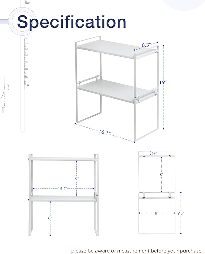 Nxconsu 2Pack Cabinet Shelves Stackable Organizer Rack Riser for Kitchen Cabinet Pantry Cupboard Counter Countertop Home Organization Storage Space Saver Heavy Duty Metal Nonslip White Tall