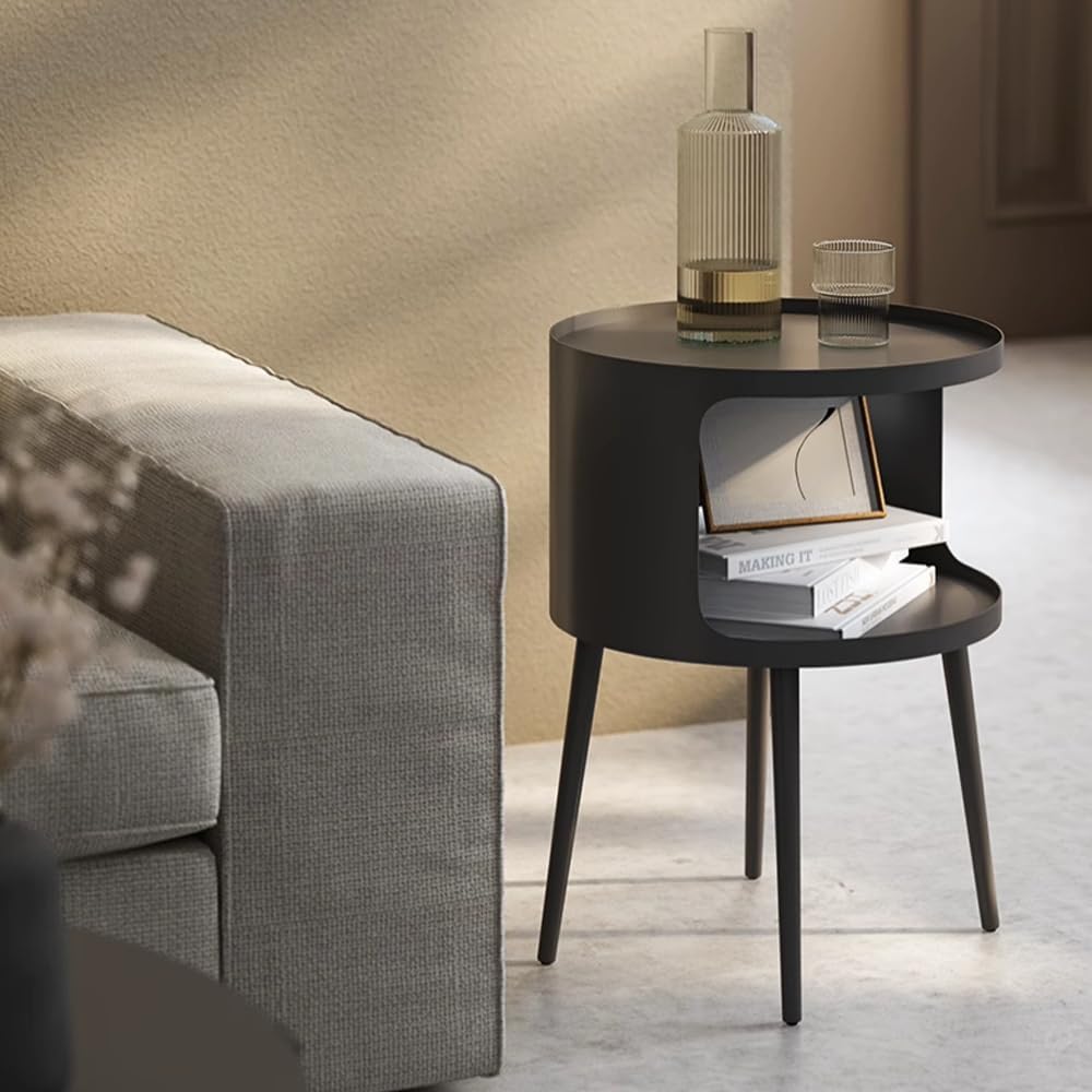 Modern Side Table,Round end Table with Open Storage,Metal nightstand,Bedside Table for Living Room,Bedroom