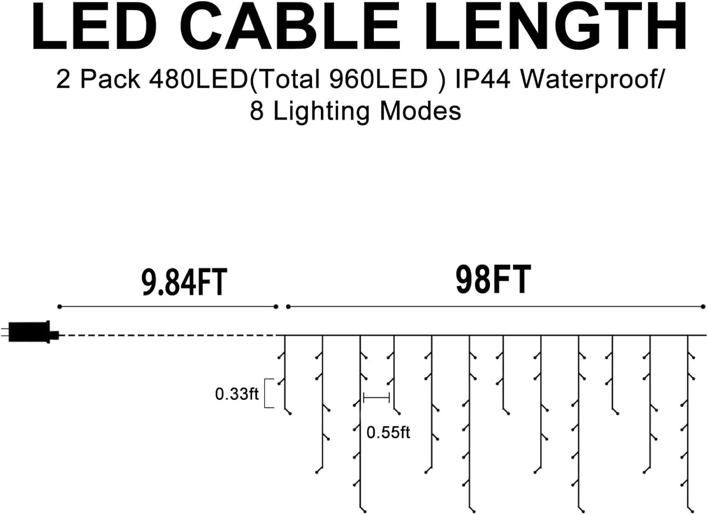 Christmas Lights Outdoor, 2 Pack Total 98FT 960 LED Ice Lights for Outside with 180 Drops 8 Modes Timer Memory, Plug in Waterproof for Holiday Eaves Yard Roof Party Decor (Cool White and Warm White)