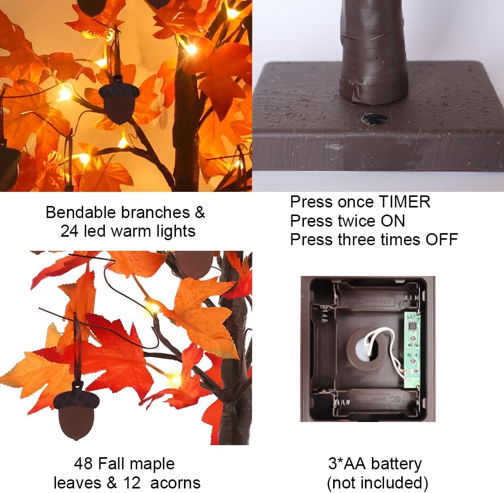 YEAHOME Fall Decorations for Home, Thanksgiving Decorations, 24”/2FT Lighted Fall Maple Leaves Tree with 24 LEDs for Autumn Decor, 12 Wood Acorns Ornaments Battery Powered Timer for Table Indoor