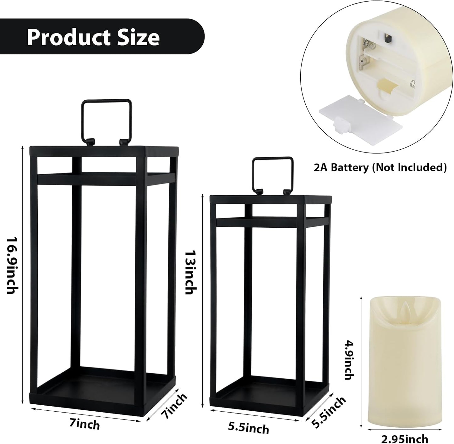 Modern Farmhouse Lantern Decor, 2Pcs Metal Candle Lanterns with Flameless Candles Black Decorative Lantern for Front Porch Covered Patio Dining Table Entryway Table Wedding Home Decor