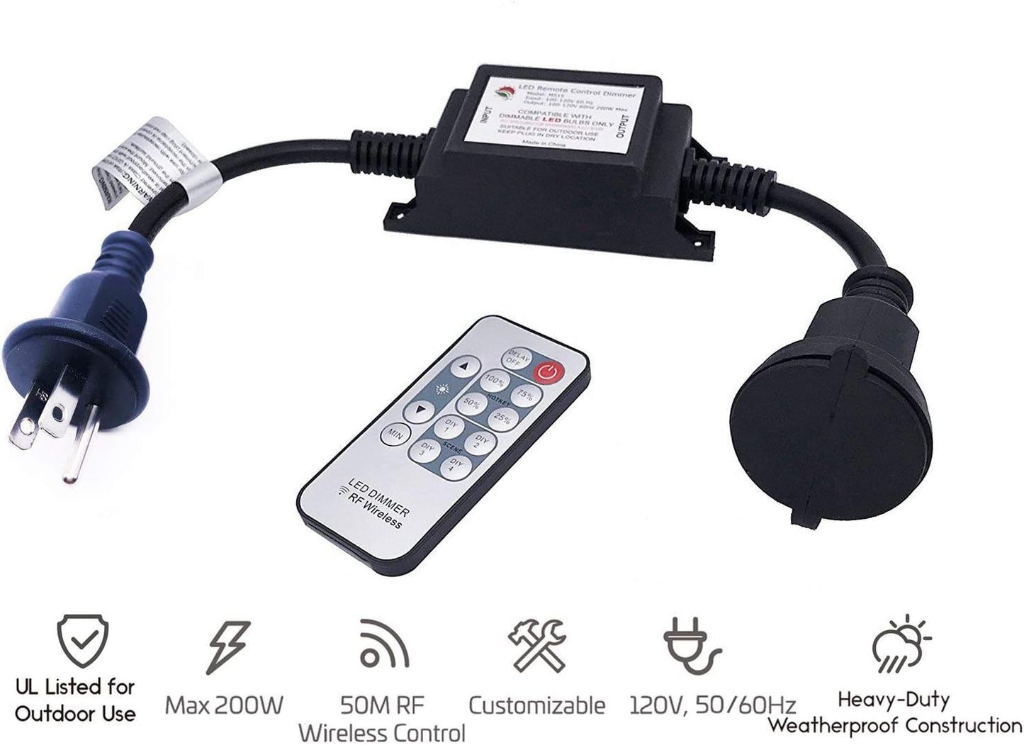 Max Power 200W Waterproof Outdoor String Lights Wireless Remote Control, 150Feet Range, Memory, Stepless Dimming, IP68 Waterproof. UL 3 Prong Remote Control Dimmer