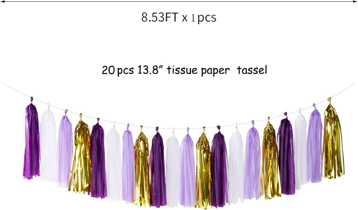 Purple-Gold Party Decoration Tassel Garland - 20pcs Lavender White Gold Birthday Party Supplies Tassels Banner Women Girls Wedding Engagement Bachelorette Graduation Decorations
