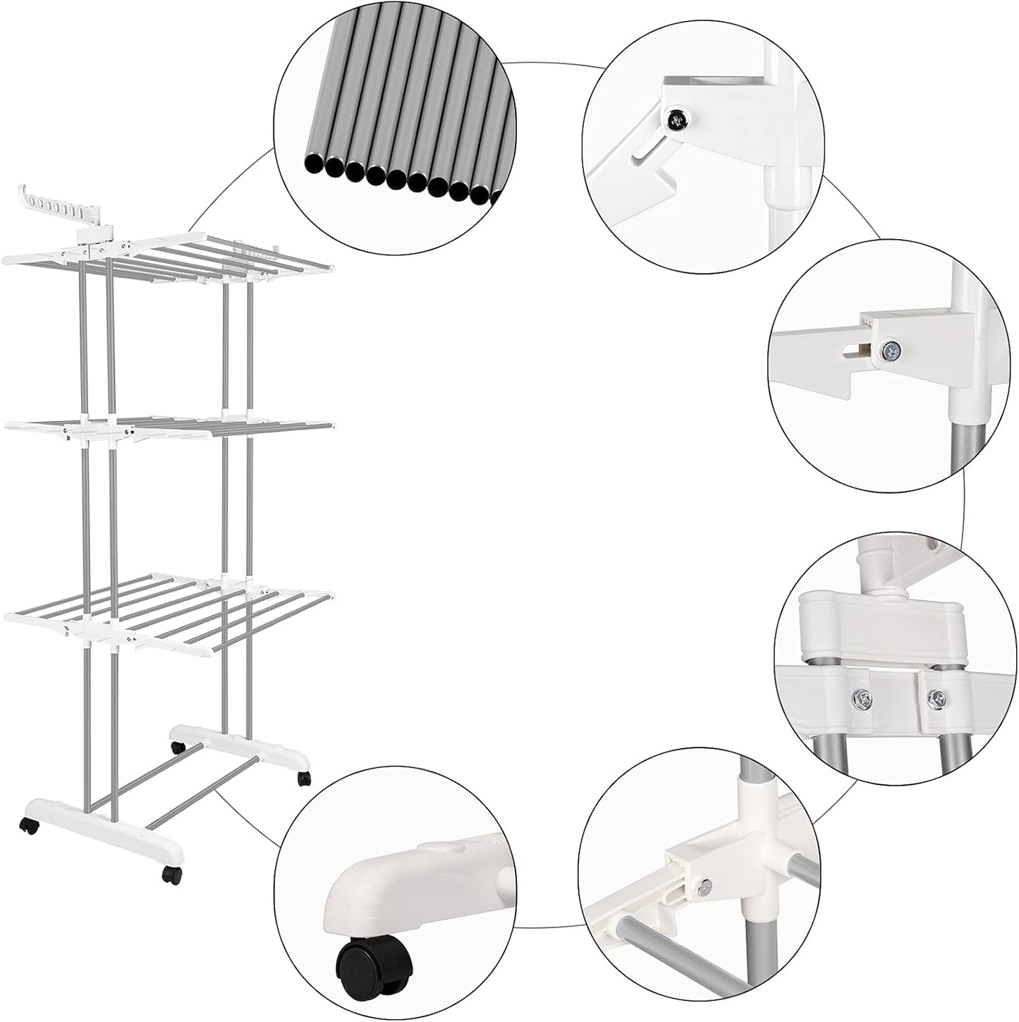 Bigzzia Clothes Drying Rack, Folding Stainless Steel Drying Rack Clothing Indoor Outdoor, Space-Saving, 4 Tier Laundry Drying Rack with Two Side Wings -Grey White