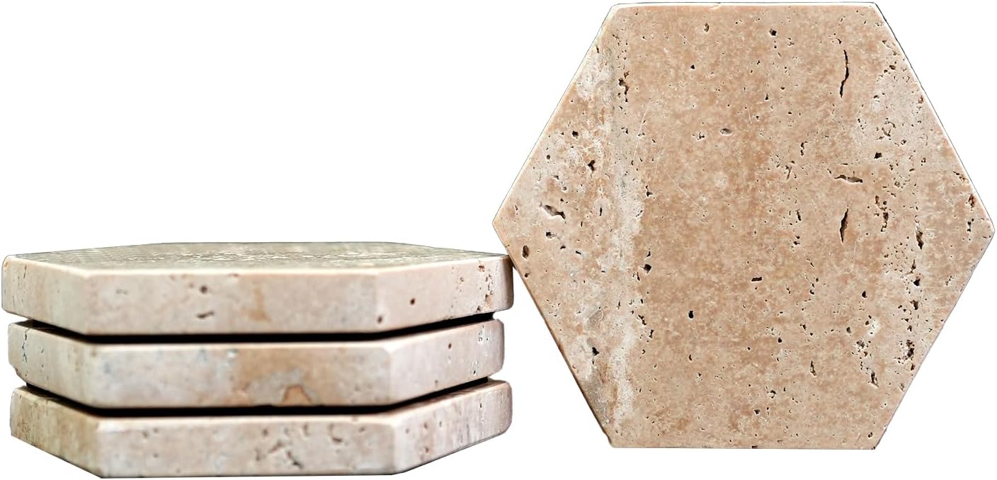 Real Natural Marble Coasters Set of 4, Vintage Stone Coasters 4 Inch, Hexagon Travertine Drink Coaster for Coffee Table, Living Room, Office Decor