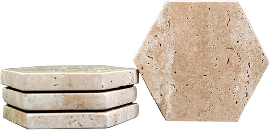 Real Natural Marble Coasters Set of 4, Vintage Stone Coasters 4 Inch, Hexagon Travertine Drink Coaster for Coffee Table, Living Room, Office Decor