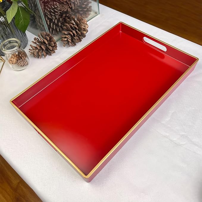 Red Decorative Tray, Rectangular Serving Tray with Handles, Plastic Coffee Table Tray for Ottoman, Living Room, Kitchen Tabletop, 15.6” x 10.2” x1.37”