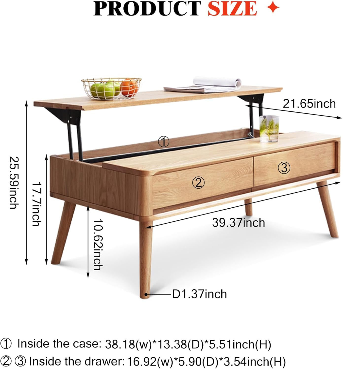100% Solid Wood Lift Top Coffee Table for Living Room, Mid Century Modern Tables with Drawers and Large Storage, Oak Coffee Tables for Small Spaces (Oak Wood Log, 39.37" W x 21.65" D x 25.59" H)