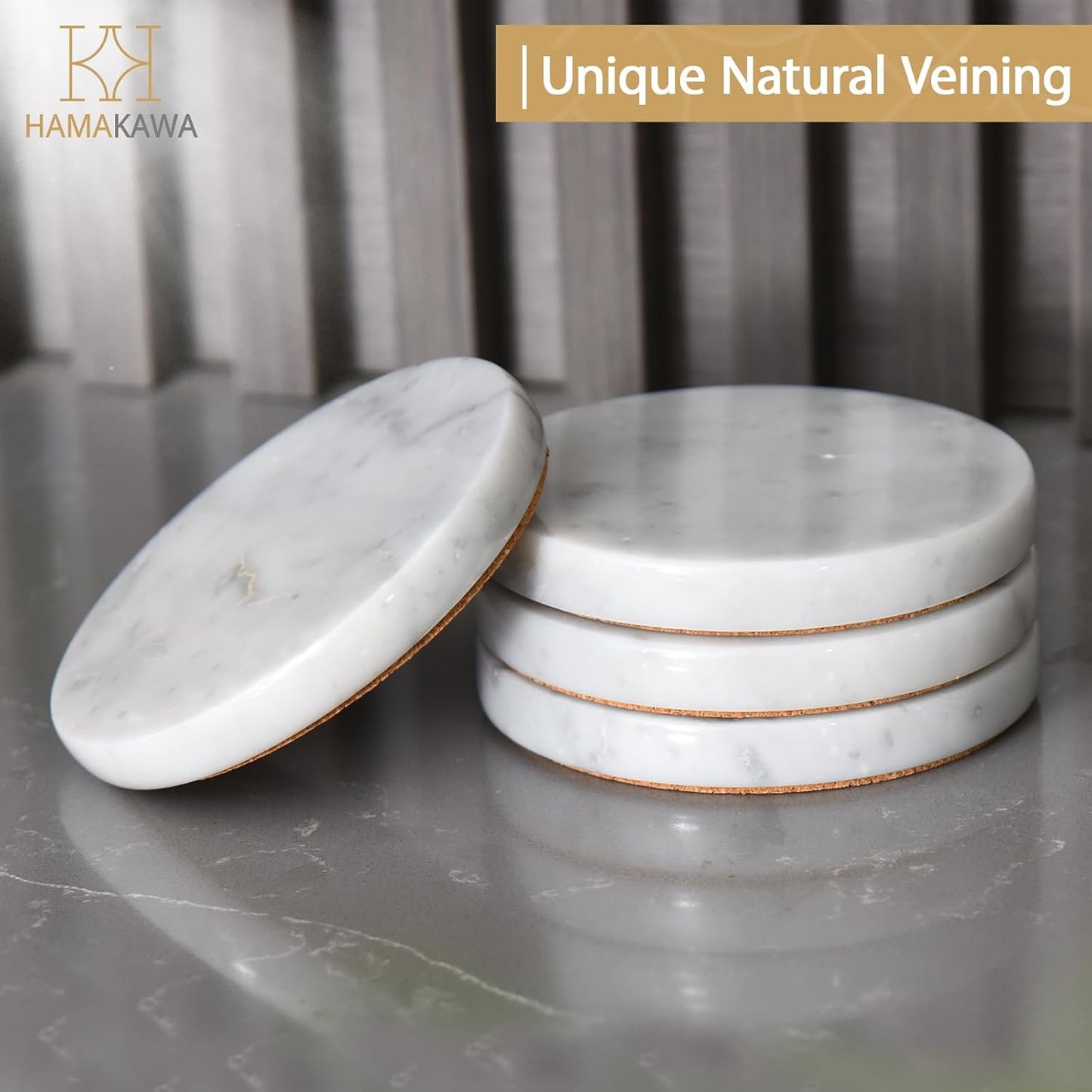 Real Natural Marble Coasters Set of 4, Carrara White Limestone 4 Inch/10 cm, Modern Round Stone, Trendy Drink Coasters for Coffee Table, Kitchen Decor, Office