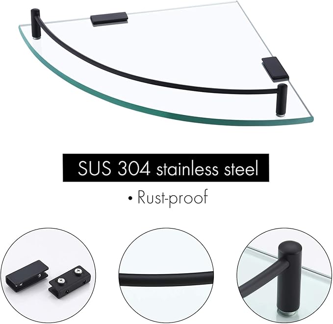 KES Bathroom Glass Corner Shelf Tempered Glass Shelf with Rail Wall Mount Corner Shelf SUS 304 Stainless Steel Matte Black 2 Pack, BGS2101A-BK-P2