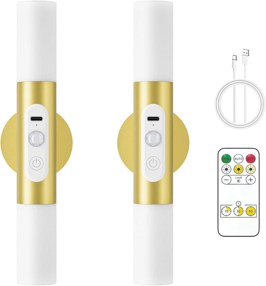 Motion Sensor Wall Sconces with Remote Control, LED Rechargeable Battery Operated Wall Lights Set of Two for Living Room, Indoor Wireless Wall Lamps for Bedroom, Hallway, Stair, Gold 2 Pack