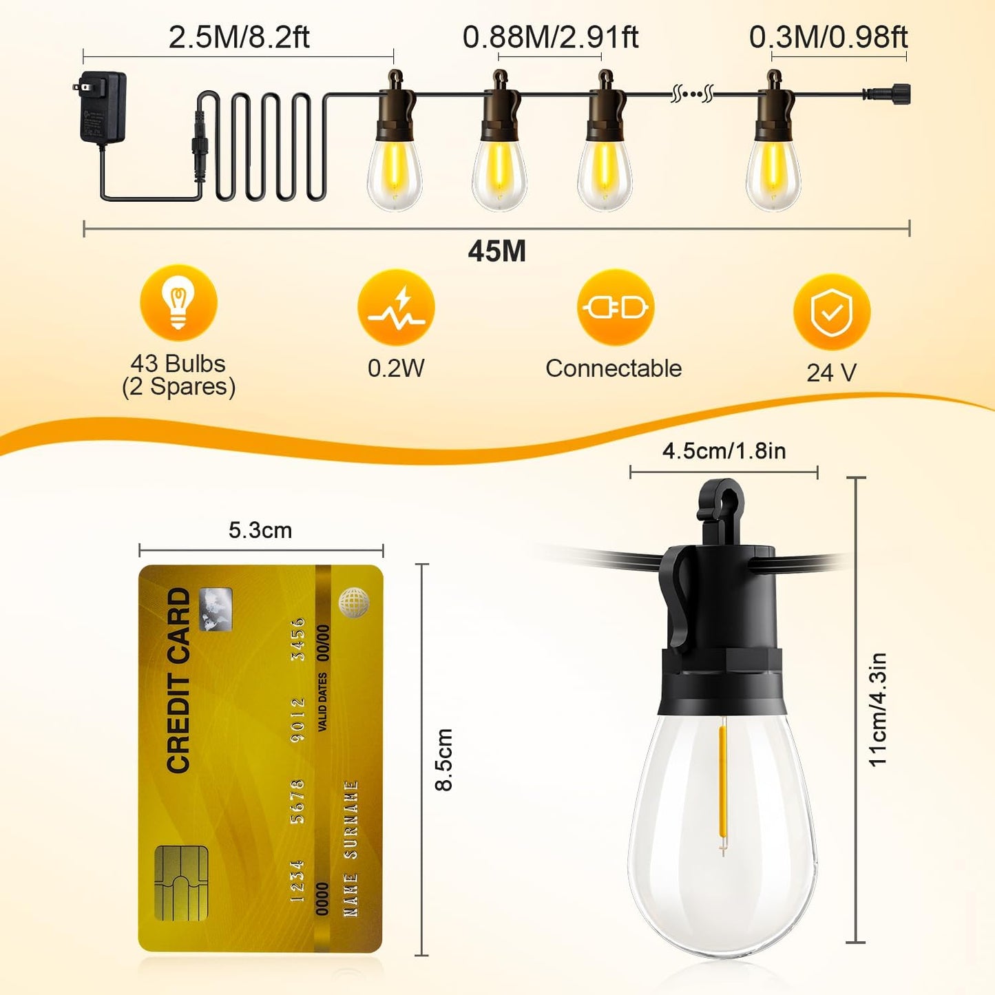 Outdoor String Lights Patio LED Light Outside - 45M 43+2 S14 LED Dimmable 150ft Porch Lighting IP65 Waterproof