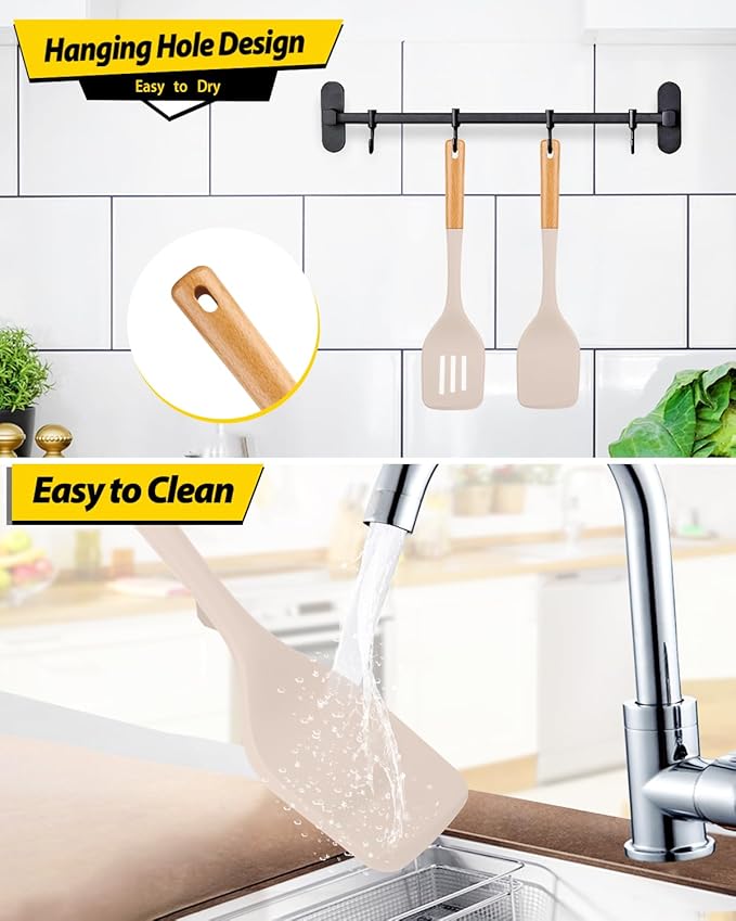 Pack of 2 Large Silicone Spatula, Heat Resistant Solid Turner, Non Stick Slotted Spatulas with Wooden Handle, Ideal Kitchen Utensils for Flipping, Pancakes, Eggs, Fish(KHAKI)