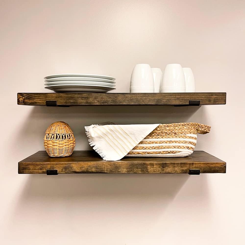 Rustic Shelves with J-Brackets Set of 2, Industrial Shelf, Kitchen Shelves, Solid Wood, Decorative Wall Storage, Heavy Duty, URBANDI (Dark Brown, 36Wx6D)