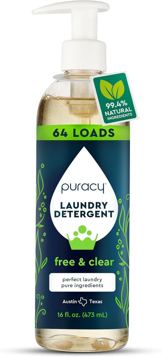 Puracy Laundry Detergent - Enzyme-Powered Liquid Laundry Detergent Concentrate, Natural Laundry Detergent Seen on TikTok, Non-Toxic (Free & Clear, 16 fl oz, 64 Loads)