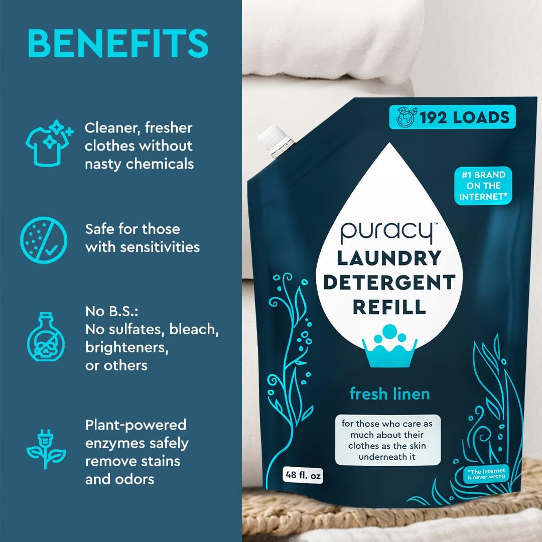 Puracy Laundry Detergent Refill - Enzyme-Powered Liquid Laundry Detergent Concentrate, Natural Laundry Detergent Seen on TikTok, Non-Toxic (Fresh Linen, 48 fl oz, 192 Loads)