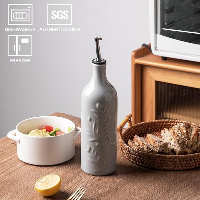 Sweejar Large Olive Oil Dispenser Bottle with Spout, 24 Oz Ceramic Oil Dispenser for Kitchen, Relief Opaque Oil Cruet, Oil Container for Cooking, EVOO, Avocado Oil, Vinegar, Pack of 1(Gray)