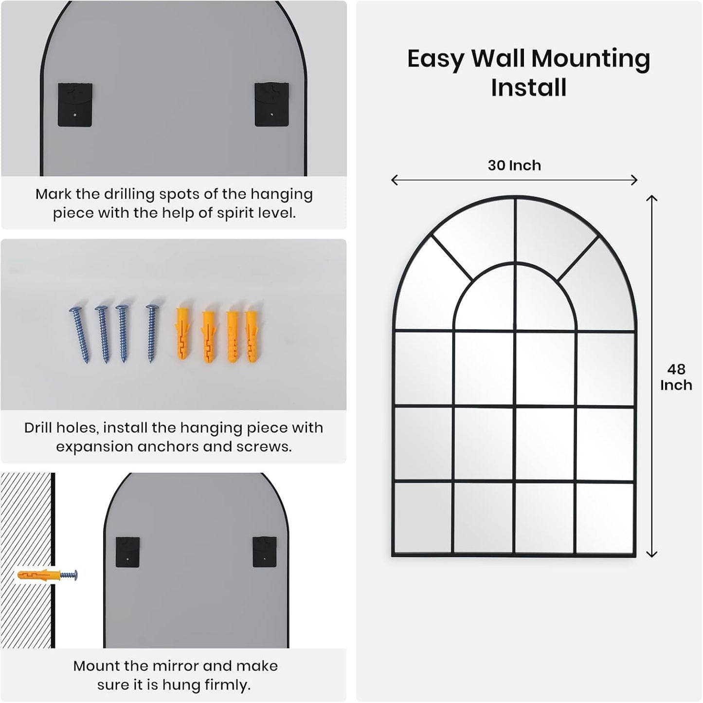 Arched Windowpane Wall Mirror 30"x48" Black Wall Mounted Art Pane Mirror Farmhouse Decorative Mirror Leaning Hanging Wall Mirror for Bedroom Living Room Entrance Hallway Wall Decor