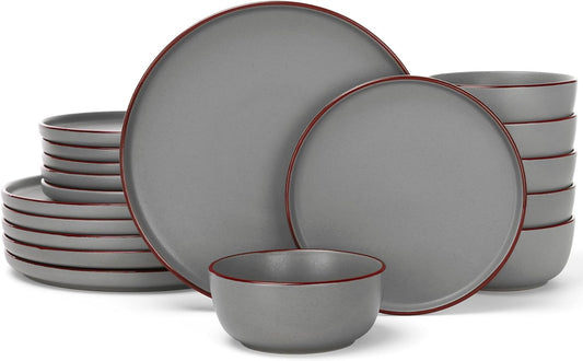 Famiware Mercury Plates and Bowls Sets, 18 Pieces Stoneware Dinnerware Sets, Dishes Set for 6, Microwave and Dishwasher Safe, Dark Grey