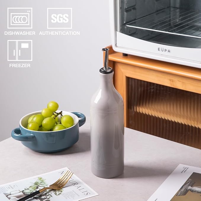 Sweejar Large Ceramic Olive Oil Dispenser Bottle, Opaque Oil Cruet Protects Oil to Reduce Oxidation, Storage Oil, Vinegar, Soy Sauce & Other Liquids, Pack of 1, 24 Fl Oz (Gradient Fog Gray)