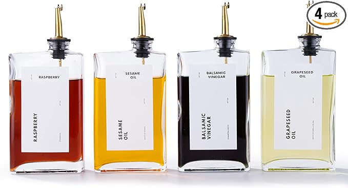 Olive Oil Dispenser for Kitchen, Cooking Oil and Vinegar Dispenser Set, Olive Oil Bottle, Soy sauce dispenser, coffee syrup bottles with stainless steel pourers - 4 pcs, Gold