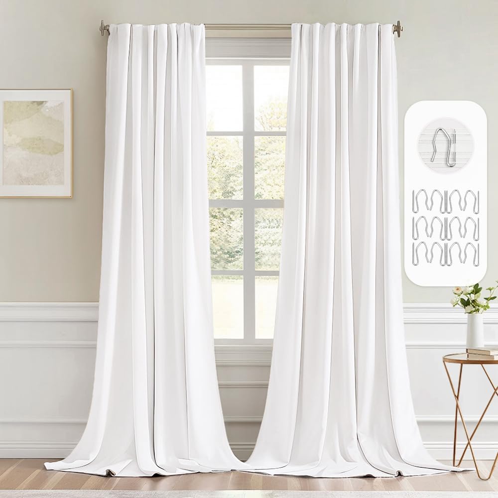 MIULEE Pure White Back Tab Blackout Curtain 96 Inch Long 2 Panels Set for Bedroom, Rod Pocket/Pinch Pleat Thermal Insulated Living Room Darkening Pleated Light Blocking Floor to Ceiling Drape