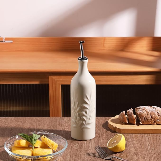 Sweejar Large Ceramic Olive Oil Dispenser Bottle, 24 Oz Relief Opaque Oil Cruet Protects Oil To Reduce Oxidation, Storage Vinegar, Soy Sauce, Coffee Syrup, Liquids, Set of 1 (Beige)