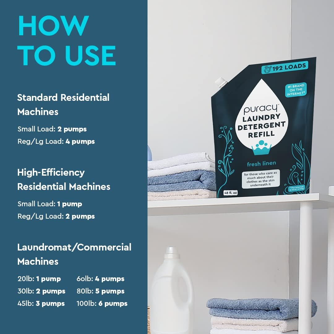 Puracy Laundry Detergent Refill - Enzyme-Powered Liquid Laundry Detergent Concentrate, Natural Laundry Detergent Seen on TikTok, Non-Toxic (Fresh Linen, 48 fl oz, 192 Loads)